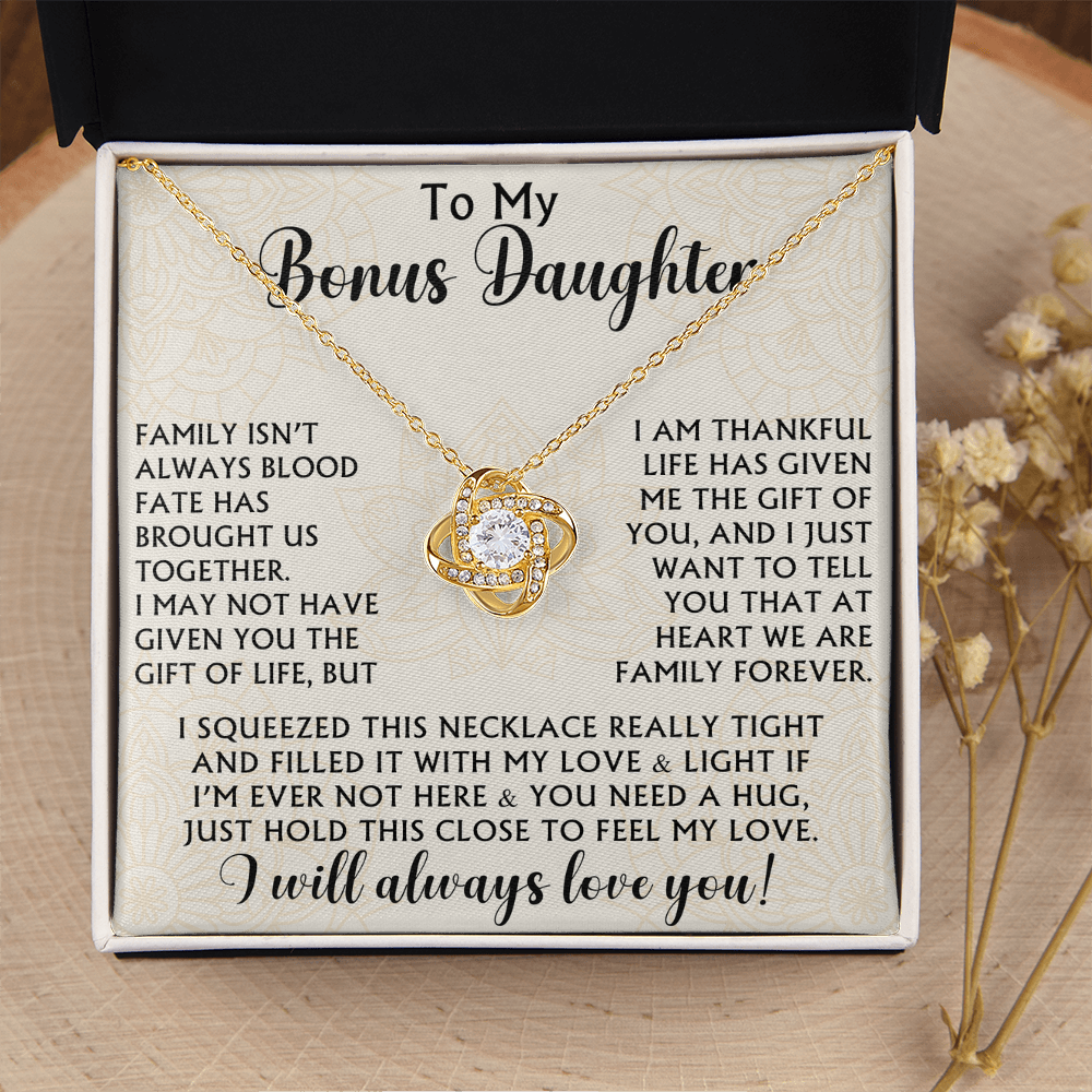 To My Bonus Daughter Love Knot Necklace - Birthday Xmas Family Matching Gift from Bonus Mom Dad For Special Occasion