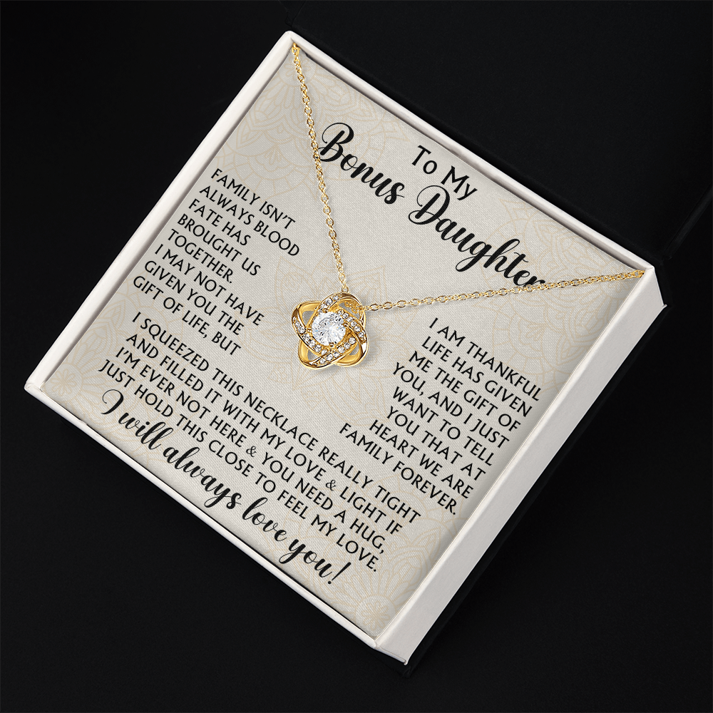 To My Bonus Daughter Love Knot Necklace - Birthday Xmas Family Matching Gift from Bonus Mom Dad For Special Occasion
