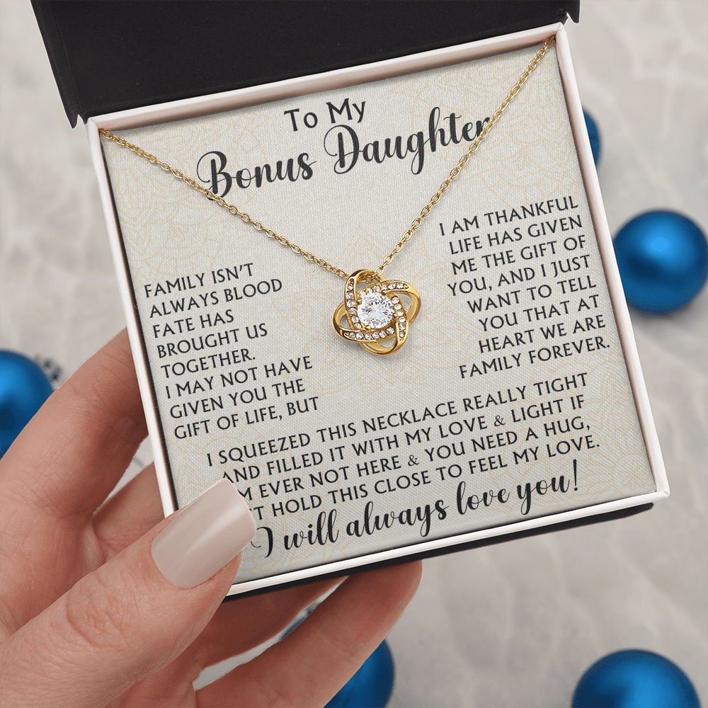 To My Bonus Daughter Love Knot Necklace - Birthday Xmas Family Matching Gift from Bonus Mom Dad For Special Occasion