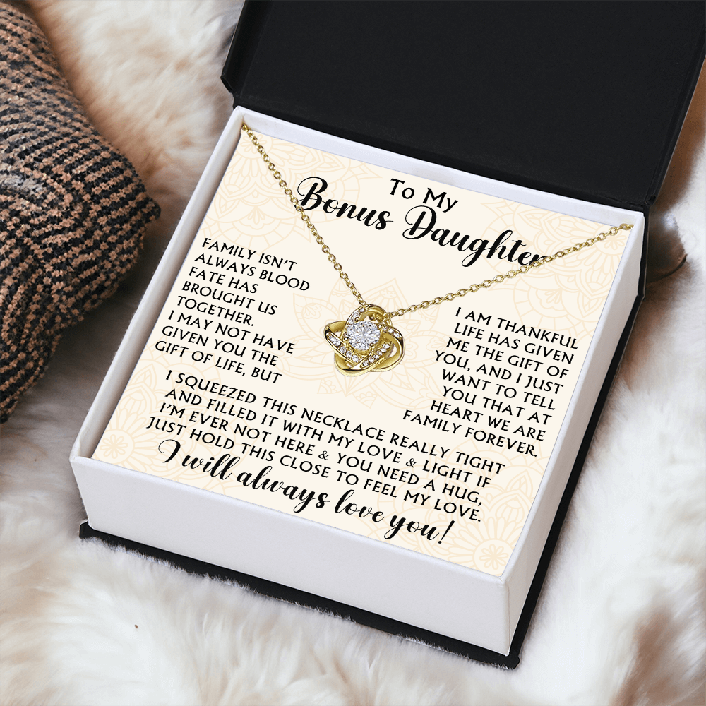 To My Bonus Daughter Love Knot Necklace - Birthday Xmas Family Matching Gift from Bonus Mom Dad For Special Occasion