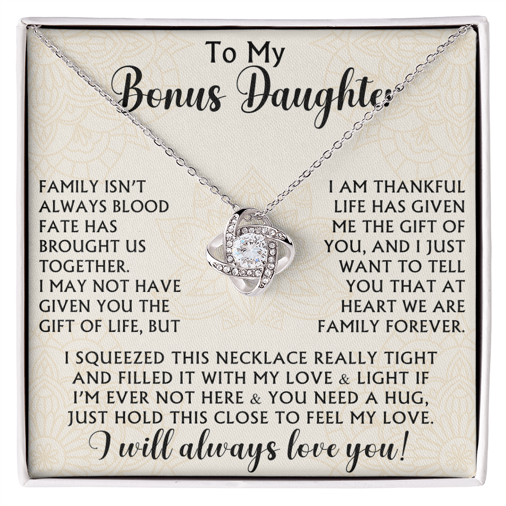 To My Bonus Daughter Love Knot Necklace - Birthday Xmas Family Matching Gift from Bonus Mom Dad For Special Occasion