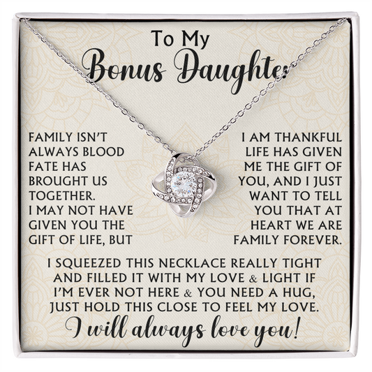 To My Bonus Daughter Love Knot Necklace - Birthday Xmas Family Matching Gift from Bonus Mom Dad For Special Occasion