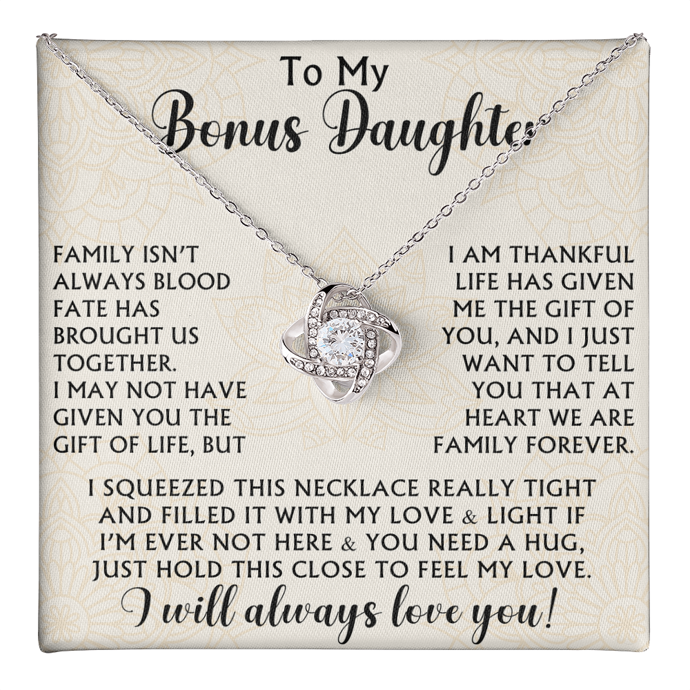To My Bonus Daughter Love Knot Necklace - Birthday Xmas Family Matching Gift from Bonus Mom Dad For Special Occasion