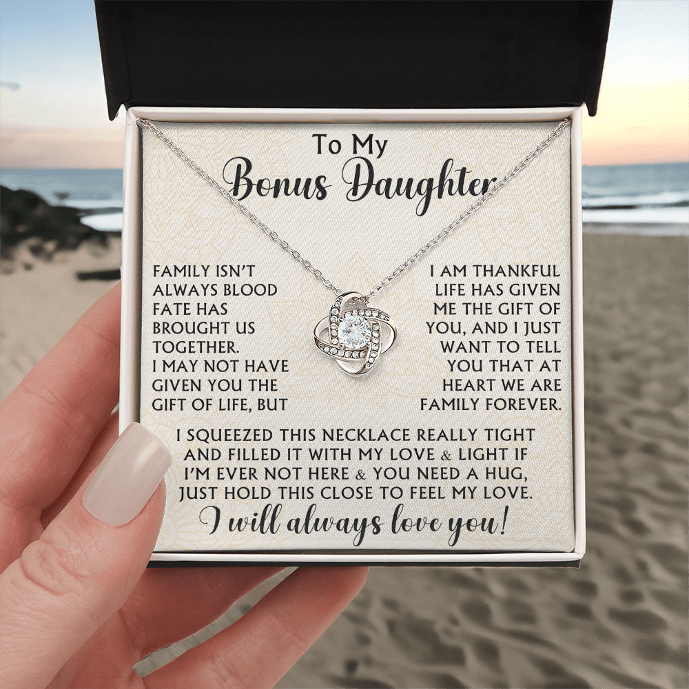 To My Bonus Daughter Love Knot Necklace - Birthday Xmas Family Matching Gift from Bonus Mom Dad For Special Occasion