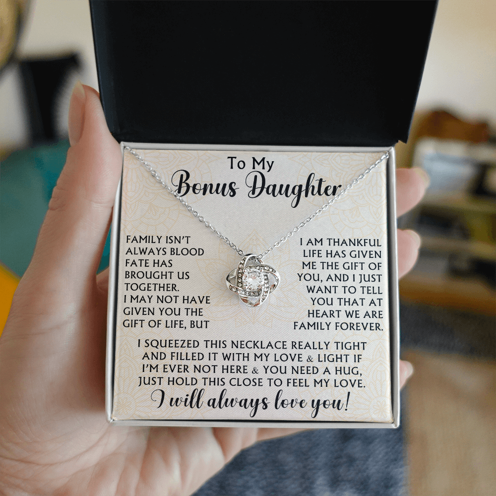 To My Bonus Daughter Love Knot Necklace - Birthday Xmas Family Matching Gift from Bonus Mom Dad For Special Occasion