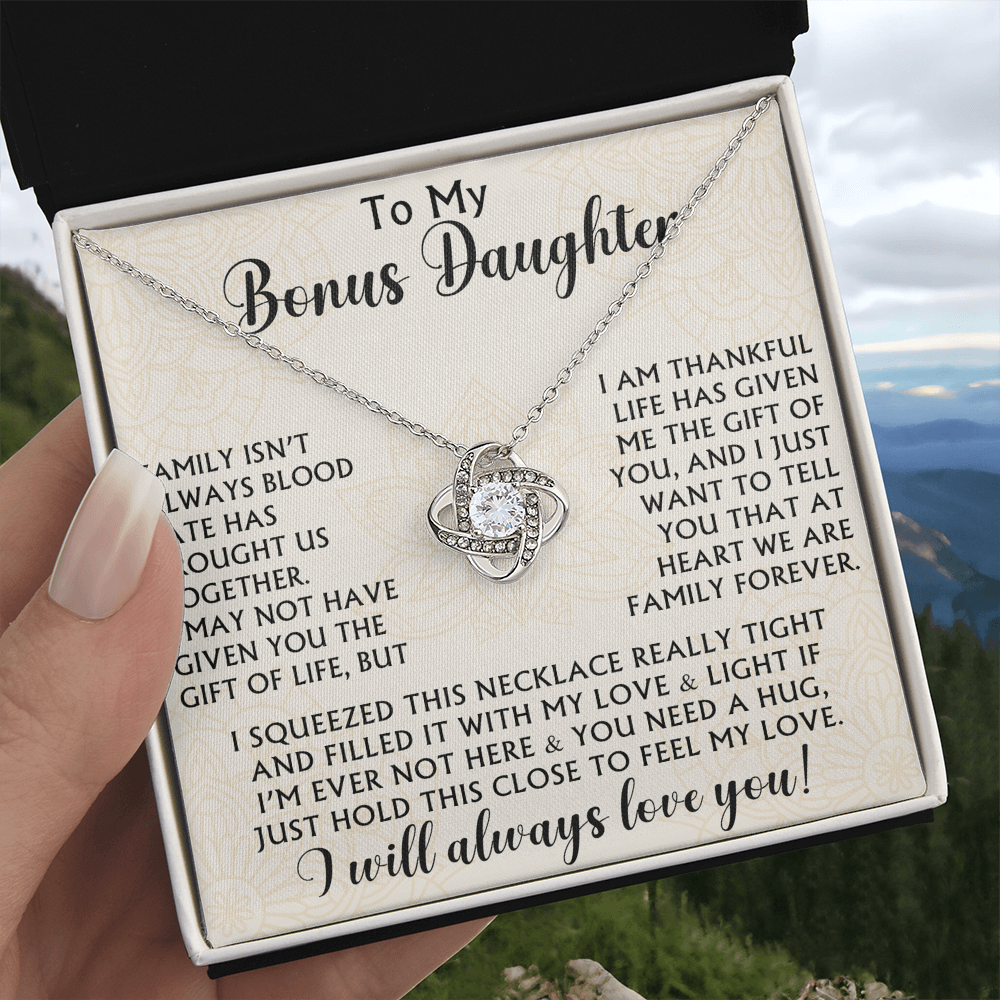 To My Bonus Daughter Love Knot Necklace - Birthday Xmas Family Matching Gift from Bonus Mom Dad For Special Occasion