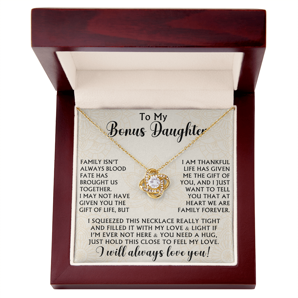 To My Bonus Daughter Love Knot Necklace - Birthday Xmas Family Matching Gift from Bonus Mom Dad For Special Occasion