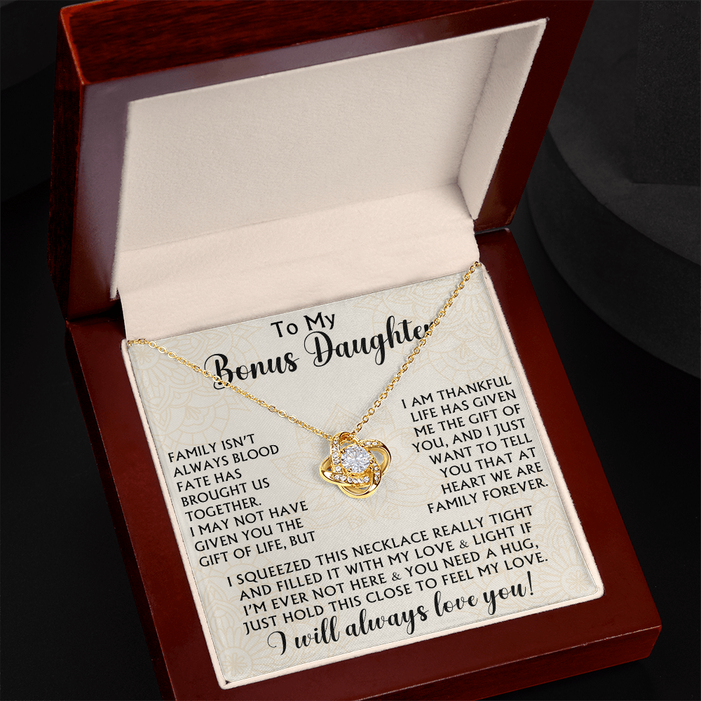 To My Bonus Daughter Love Knot Necklace - Birthday Xmas Family Matching Gift from Bonus Mom Dad For Special Occasion
