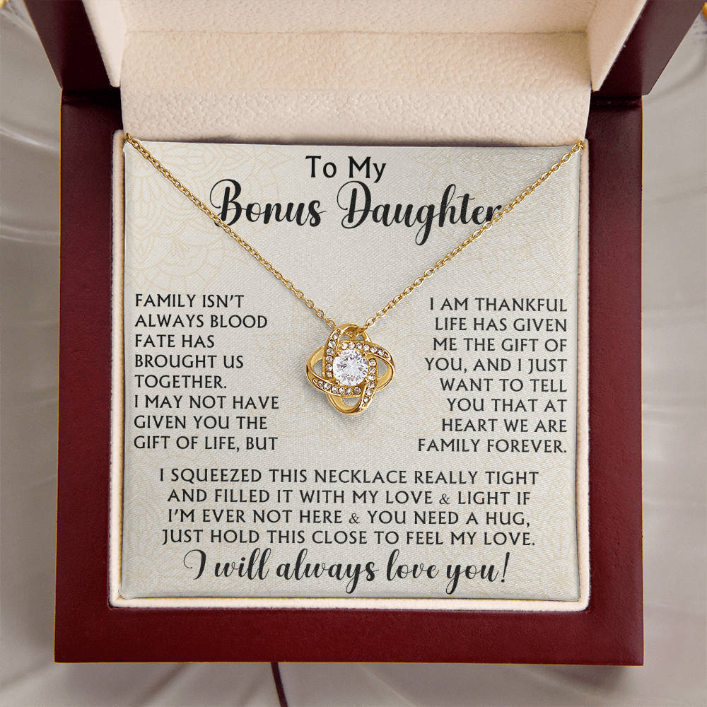 To My Bonus Daughter Love Knot Necklace - Birthday Xmas Family Matching Gift from Bonus Mom Dad For Special Occasion