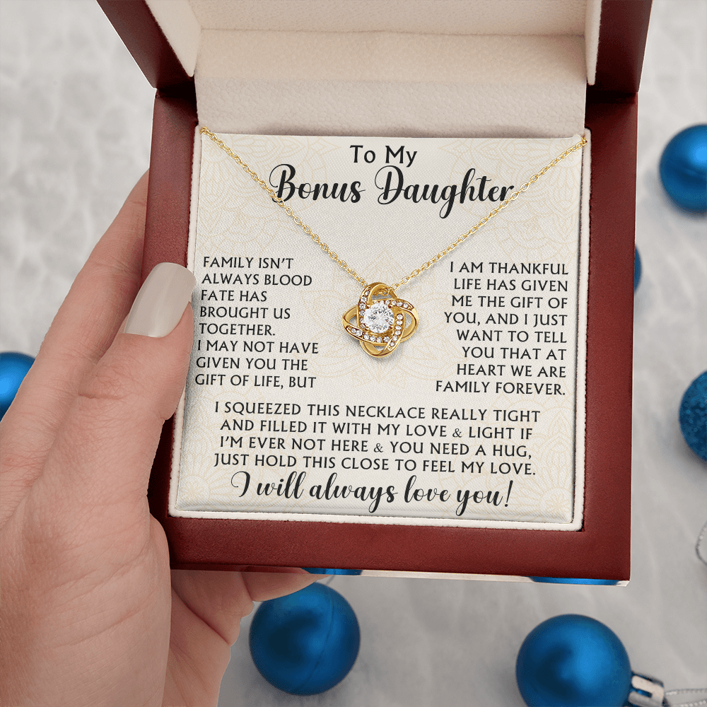 To My Bonus Daughter Love Knot Necklace - Birthday Xmas Family Matching Gift from Bonus Mom Dad For Special Occasion