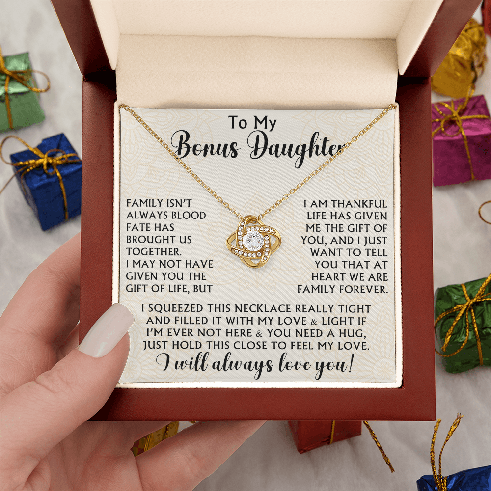 To My Bonus Daughter Love Knot Necklace - Birthday Xmas Family Matching Gift from Bonus Mom Dad For Special Occasion
