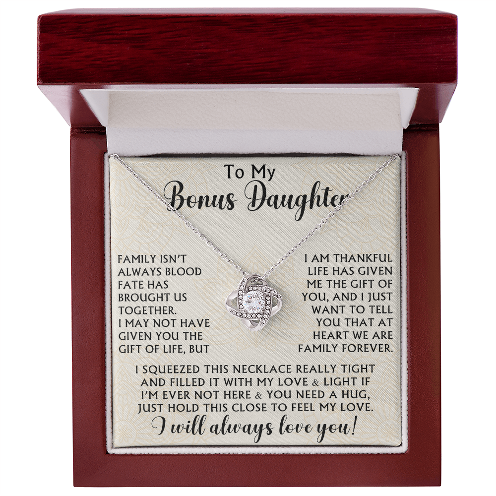 To My Bonus Daughter Love Knot Necklace - Birthday Xmas Family Matching Gift from Bonus Mom Dad For Special Occasion