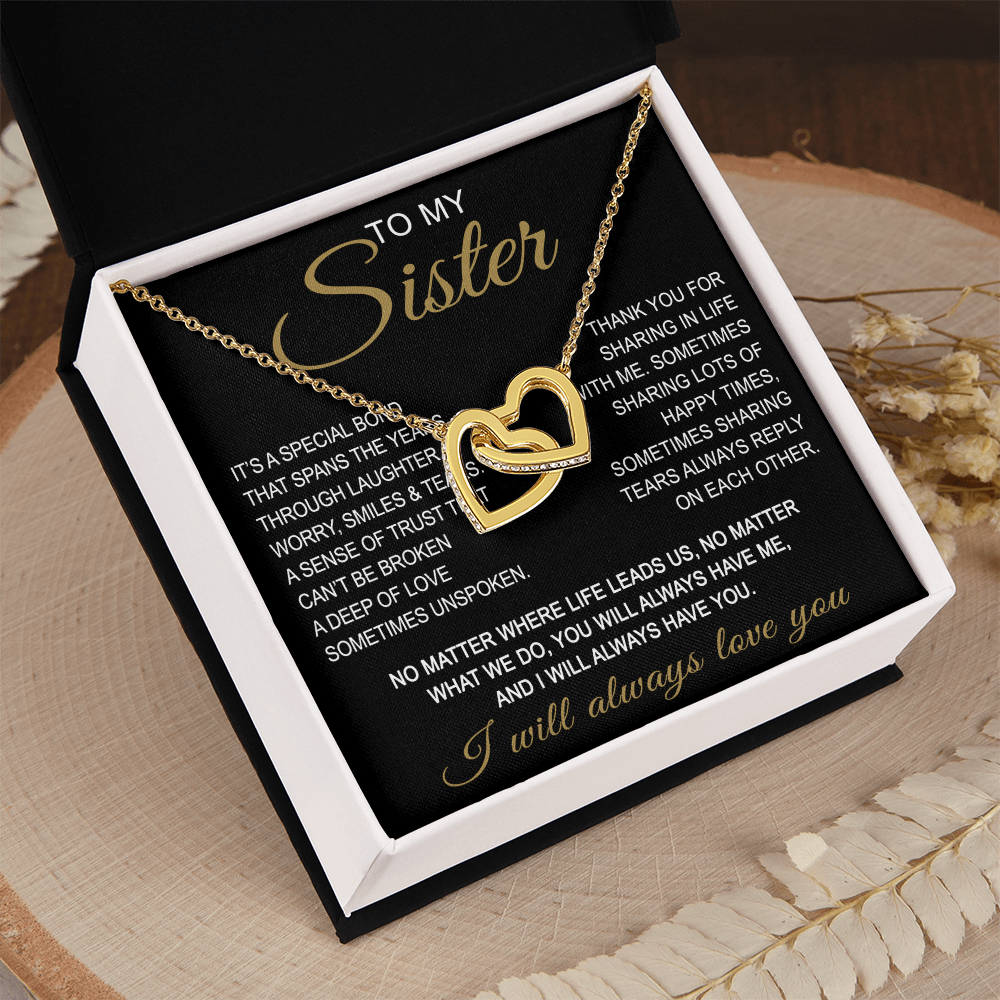 To My Sister Interlocking Hearts Necklace - Long Distant Sister Gift for Birthday, Wedding, Christmas, or any Special Occasion.