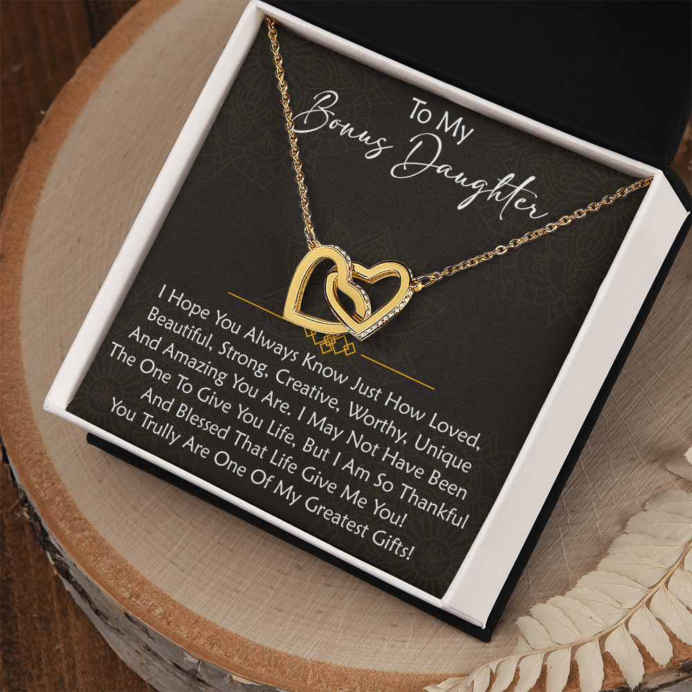 To My Bonus Daughter  Interlocking Hearts Necklace - Birthday Xmas Family Matching Gift from Bonus Mom Dad For Special Occasion.