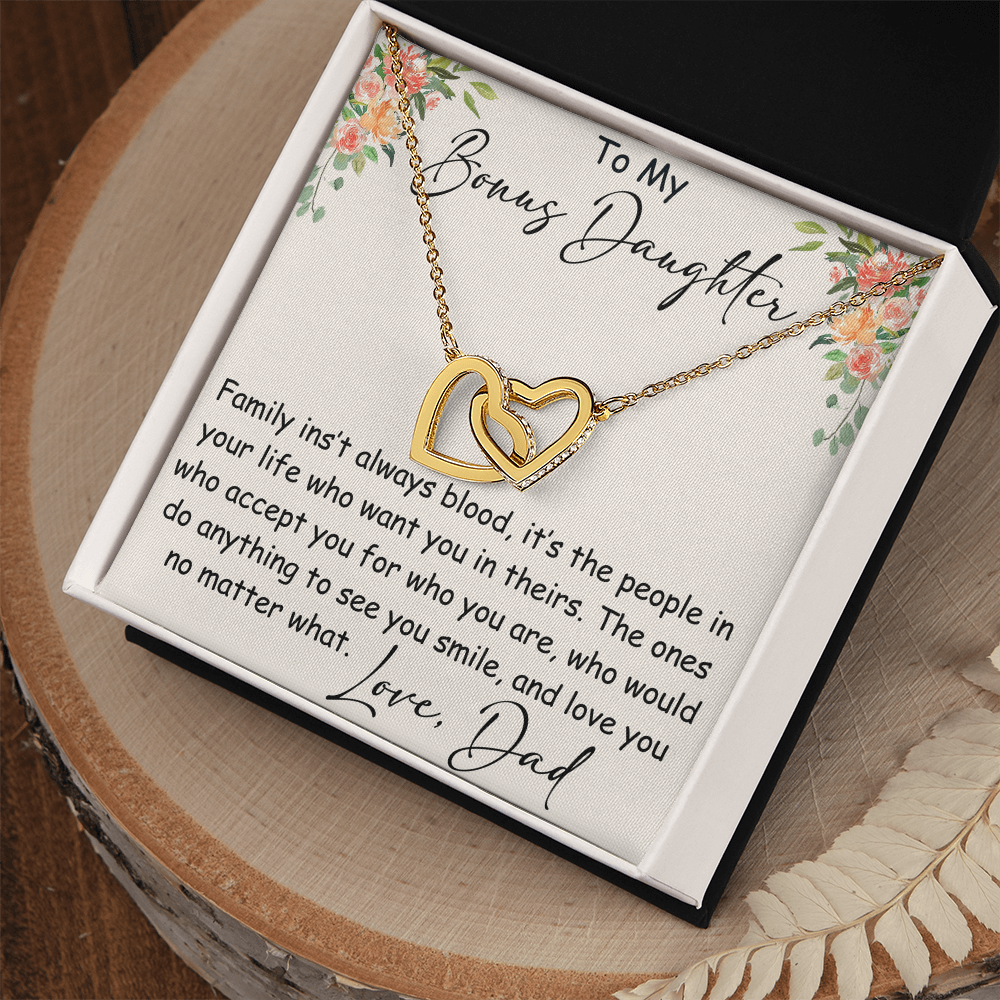 Interlocking Hearts Necklace – Meaningful Bonus Daughter Gift – Stepdad/Stepmom Family Bond Jewelry