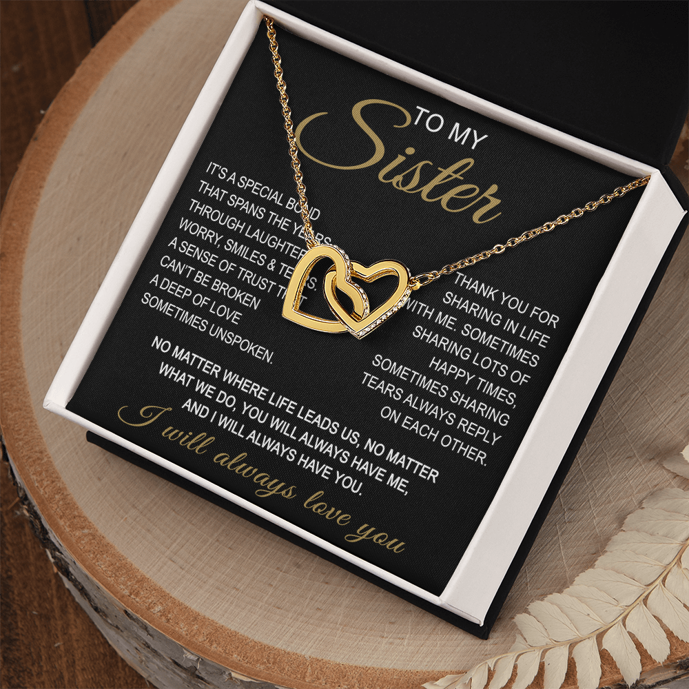 To My Sister Interlocking Hearts Necklace - Long Distant Sister Gift for Birthday, Wedding, Christmas, or any Special Occasion.