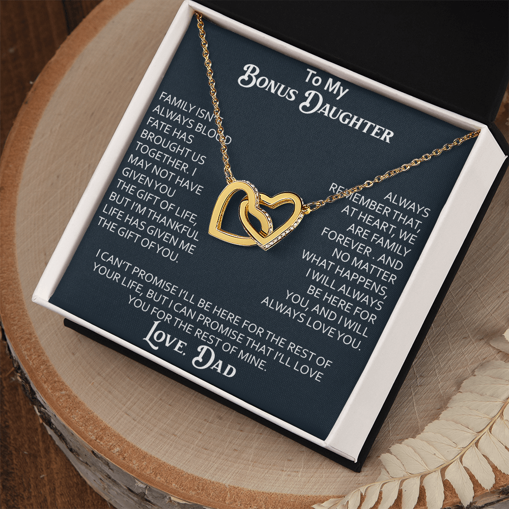 To My Bonus Daughter Interlocking Hearts Necklace Meaningful Gift from Dad, Stepdaughter Heart Family Love Jewelry