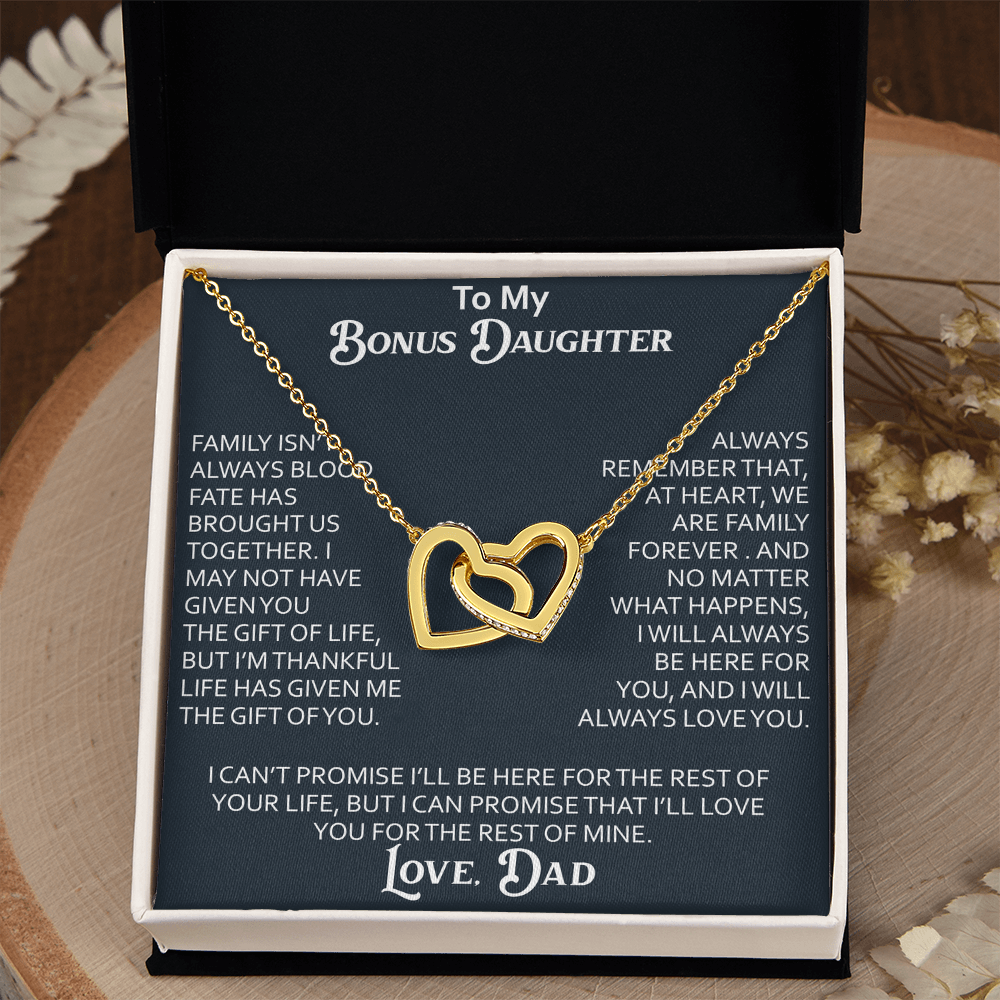 To My Bonus Daughter Interlocking Hearts Necklace Meaningful Gift from Dad, Stepdaughter Heart Family Love Jewelry