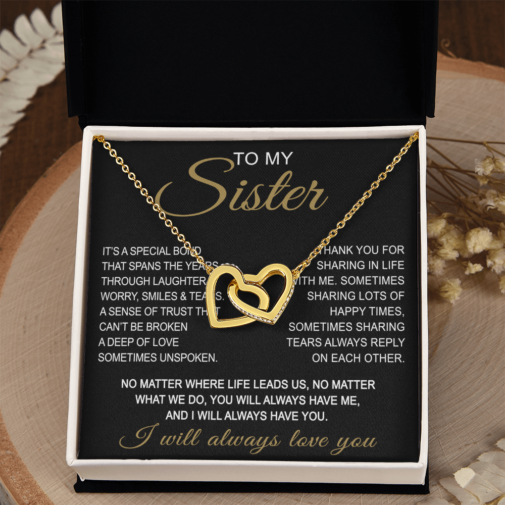 To My Sister Interlocking Hearts Necklace - Long Distant Sister Gift for Birthday, Wedding, Christmas, or any Special Occasion.