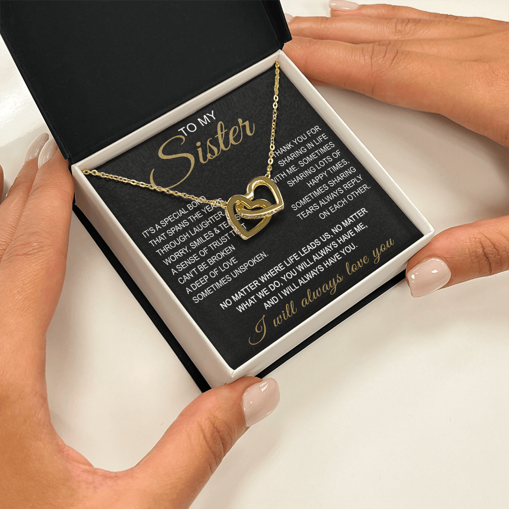 To My Sister Interlocking Hearts Necklace - Long Distant Sister Gift for Birthday, Wedding, Christmas, or any Special Occasion.