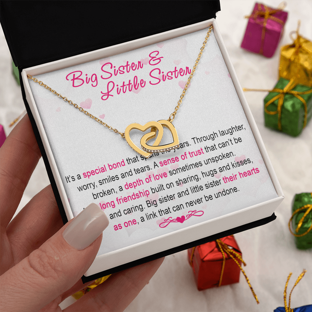 To My Sis Necklace – Interlock Heart Pendant with Message Card and Gift Box, Meaningful Jewelry Gift for Birthday, Christmas or Graduation