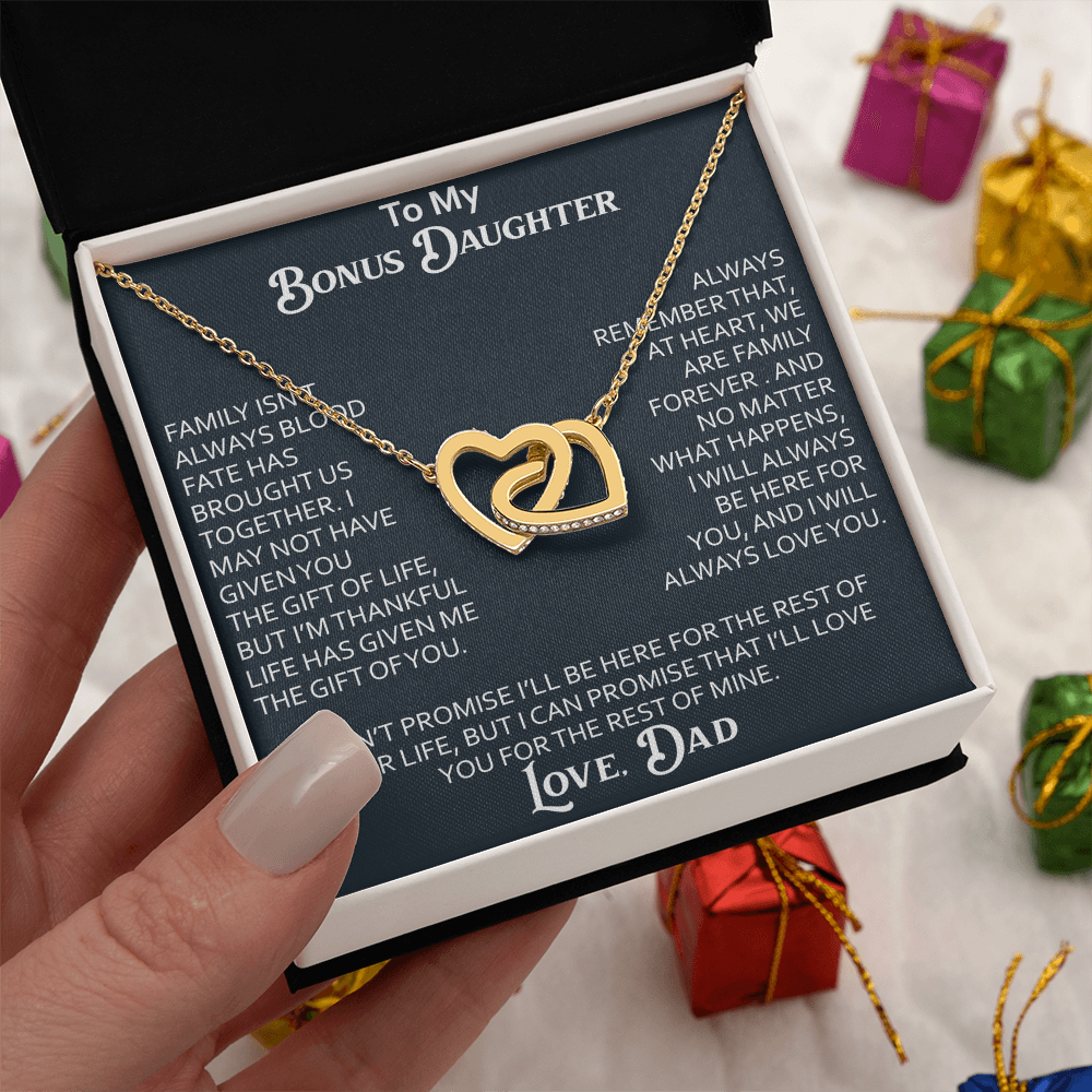 To My Bonus Daughter Interlocking Hearts Necklace Meaningful Gift from Dad, Stepdaughter Heart Family Love Jewelry