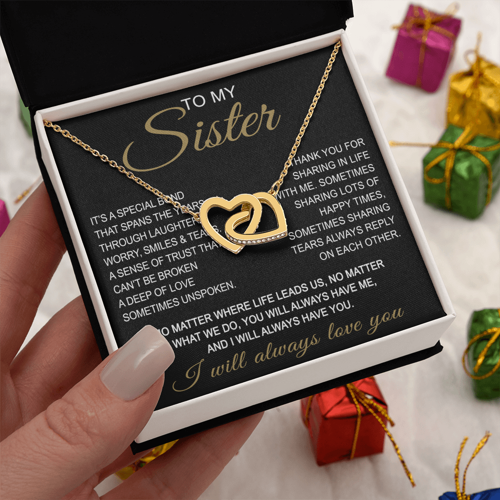 To My Sister Interlocking Hearts Necklace - Long Distant Sister Gift for Birthday, Wedding, Christmas, or any Special Occasion.