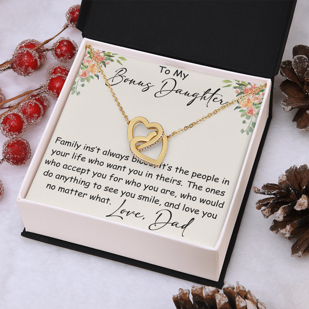 Interlocking Hearts Necklace – Meaningful Bonus Daughter Gift – Stepdad/Stepmom Family Bond Jewelry