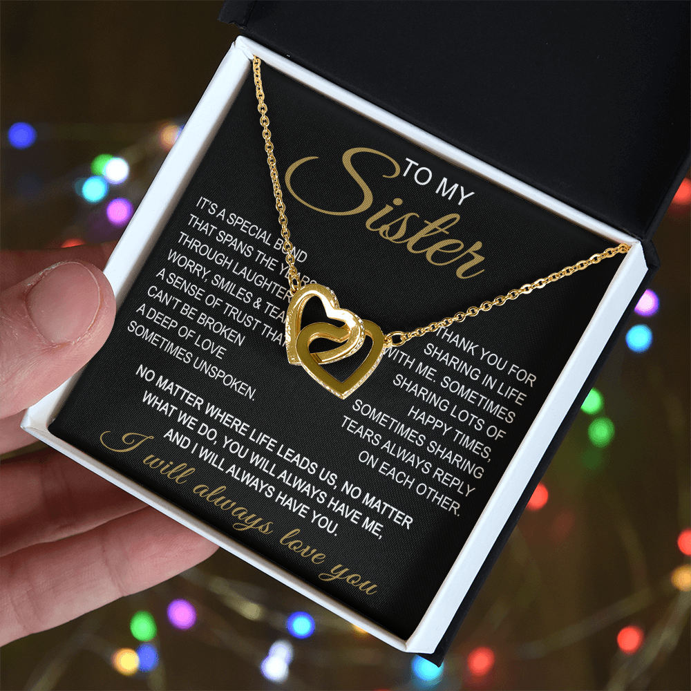 To My Sister Interlocking Hearts Necklace - Long Distant Sister Gift for Birthday, Wedding, Christmas, or any Special Occasion.