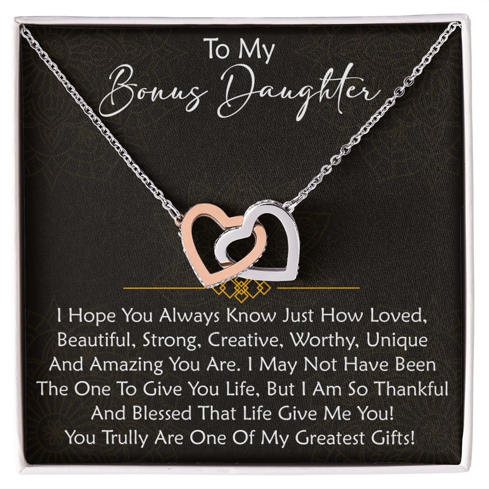 To My Bonus Daughter  Interlocking Hearts Necklace - Birthday Xmas Family Matching Gift from Bonus Mom Dad For Special Occasion.