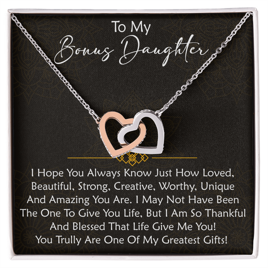 To My Bonus Daughter  Interlocking Hearts Necklace - Birthday Xmas Family Matching Gift from Bonus Mom Dad For Special Occasion.