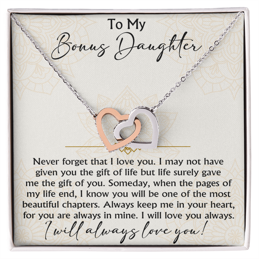 To My Bonus Daughter Interlocking Hearts necklace - Birthday Xmas Gift from Bonus Mom Dad
