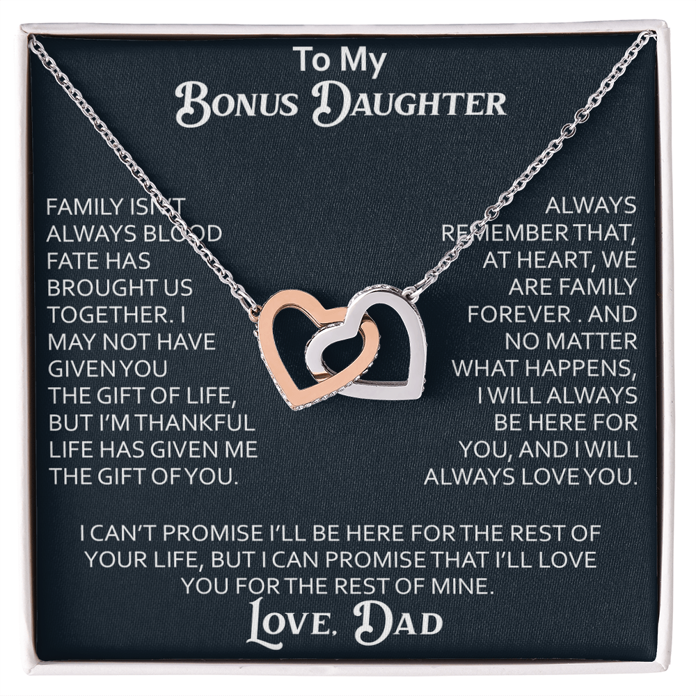 To My Bonus Daughter Interlocking Hearts Necklace Meaningful Gift from Dad, Stepdaughter Heart Family Love Jewelry