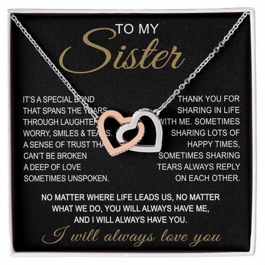 To My Sister Interlocking Hearts Necklace - Long Distant Sister Gift for Birthday, Wedding, Christmas, or any Special Occasion.