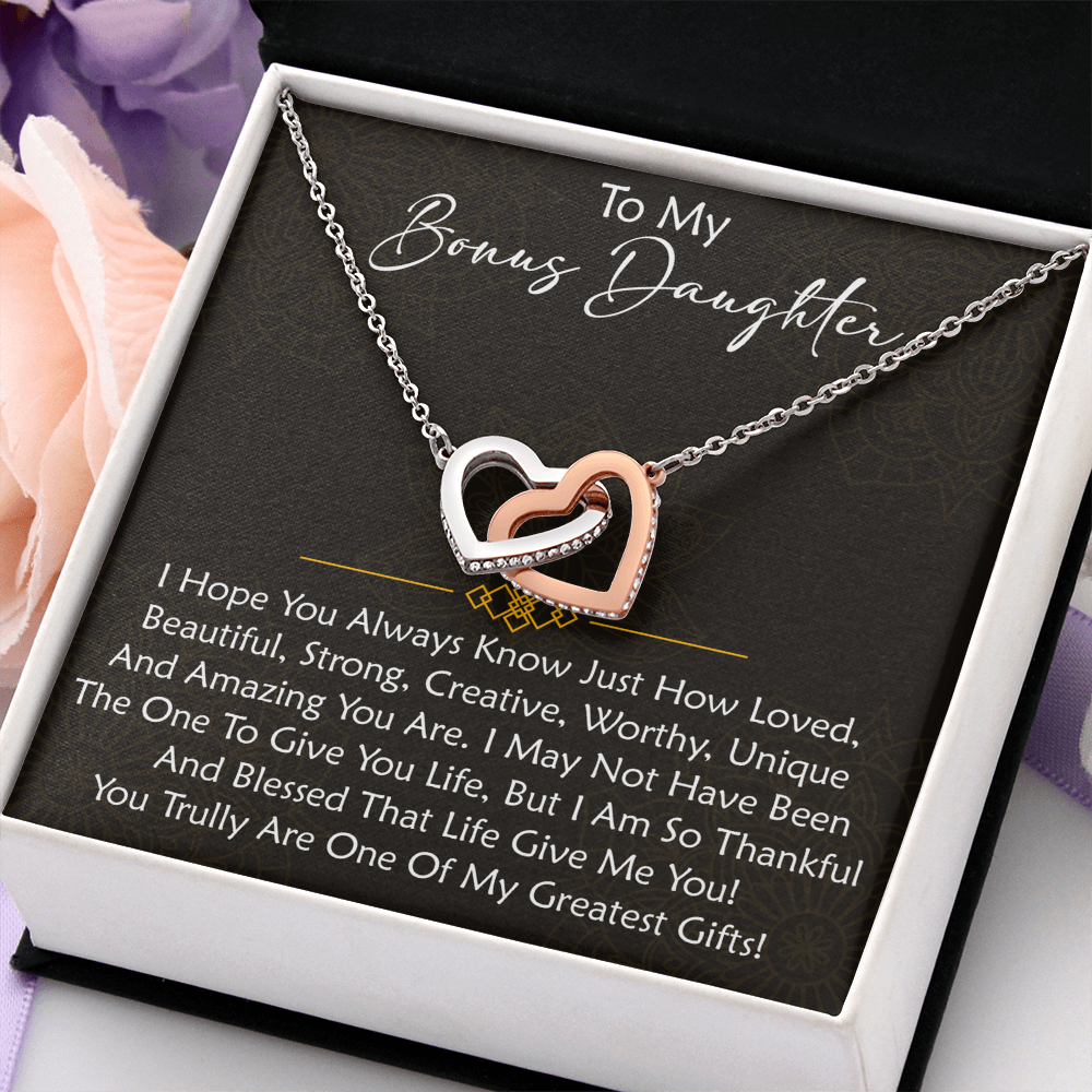 To My Bonus Daughter  Interlocking Hearts Necklace - Birthday Xmas Family Matching Gift from Bonus Mom Dad For Special Occasion.