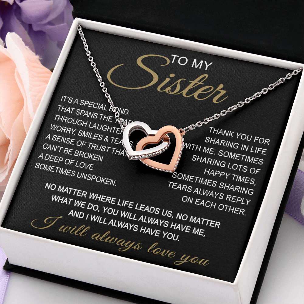 To My Sister Interlocking Hearts Necklace - Long Distant Sister Gift for Birthday, Wedding, Christmas, or any Special Occasion.
