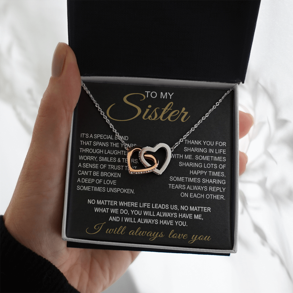To My Sister Interlocking Hearts Necklace - Long Distant Sister Gift for Birthday, Wedding, Christmas, or any Special Occasion.