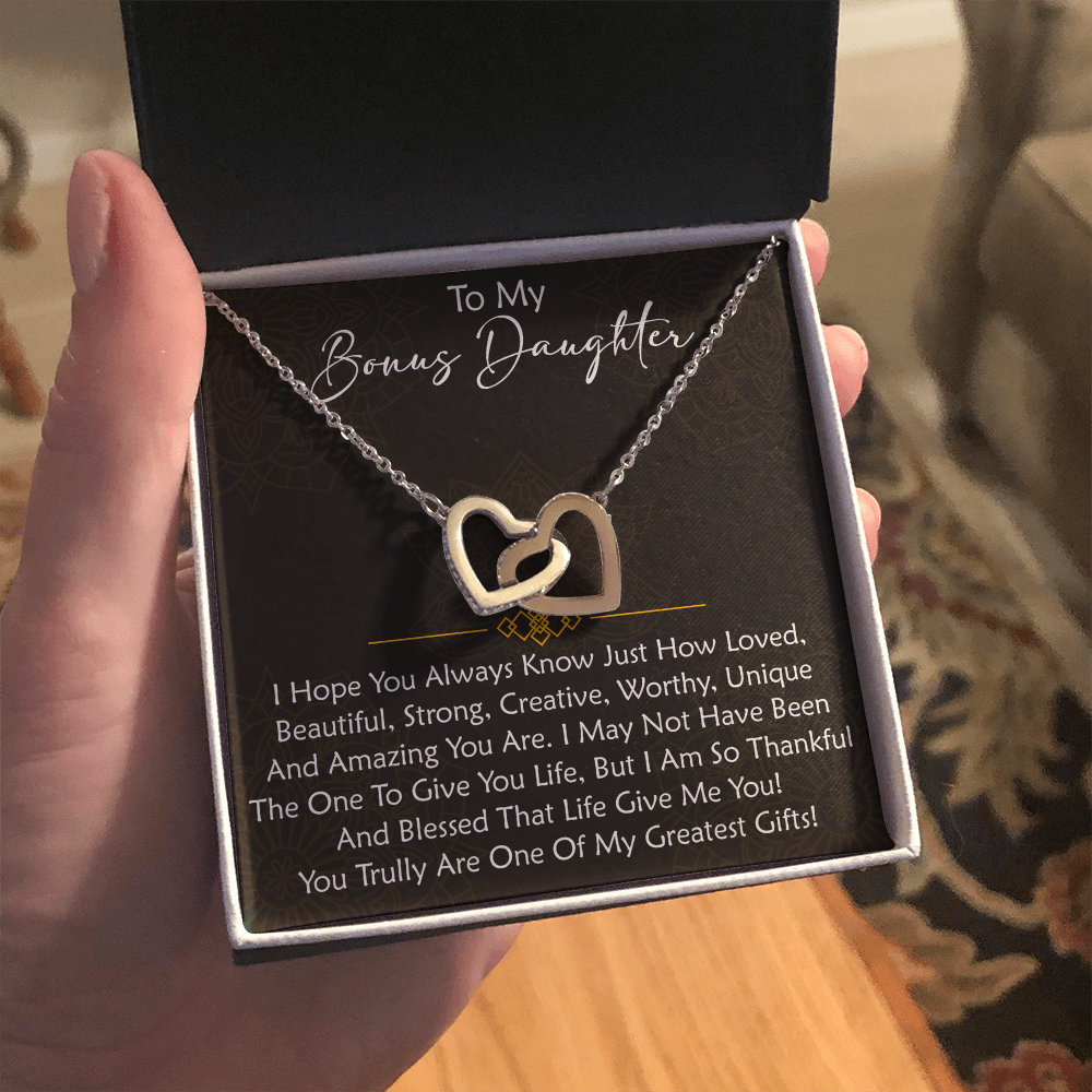 To My Bonus Daughter  Interlocking Hearts Necklace - Birthday Xmas Family Matching Gift from Bonus Mom Dad For Special Occasion.