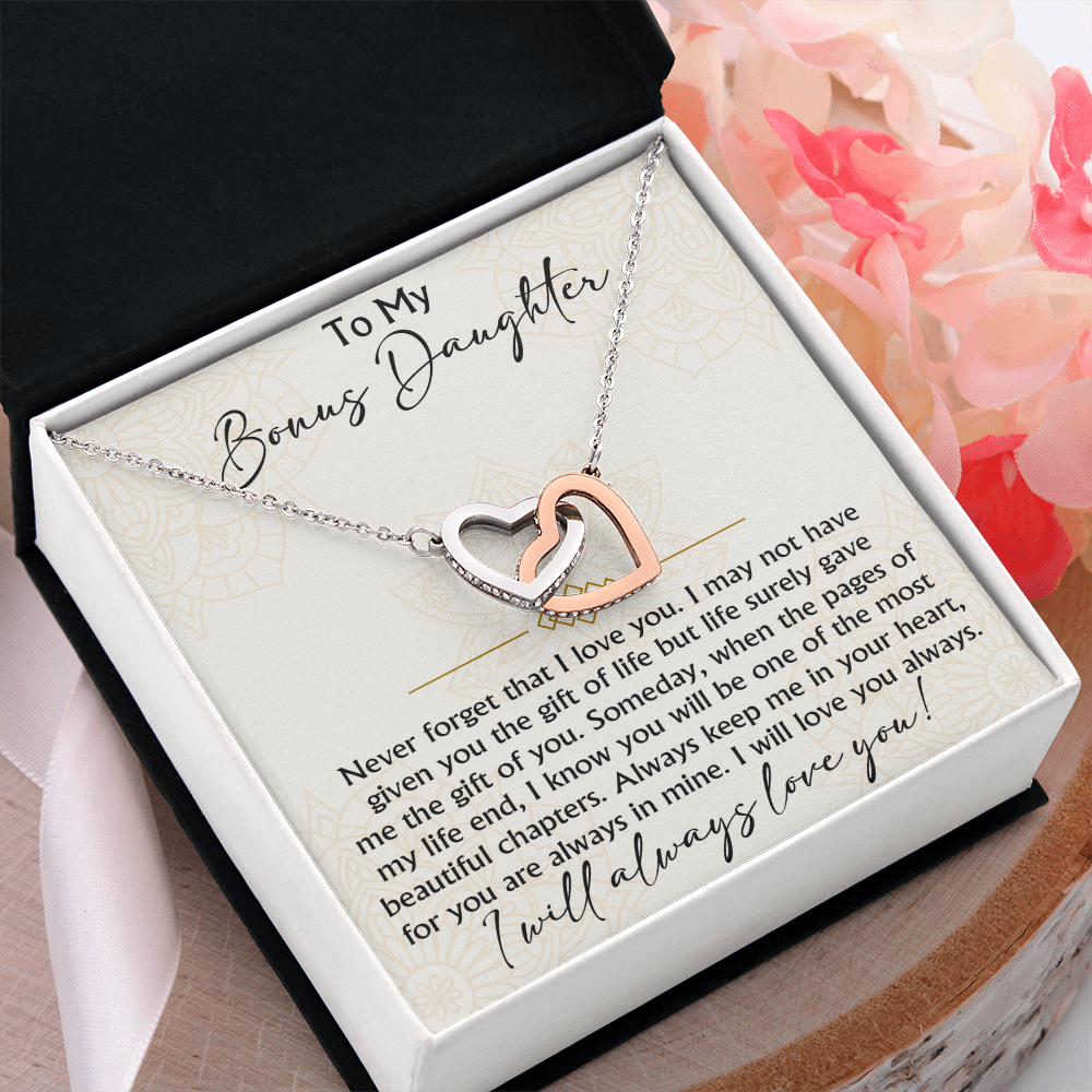 To My Bonus Daughter Interlocking Hearts necklace - Birthday Xmas Gift from Bonus Mom Dad