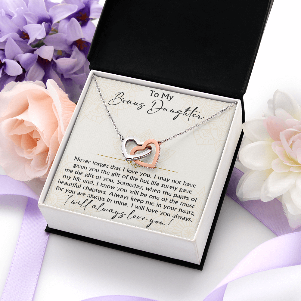 To My Bonus Daughter Interlocking Hearts necklace - Birthday Xmas Gift from Bonus Mom Dad