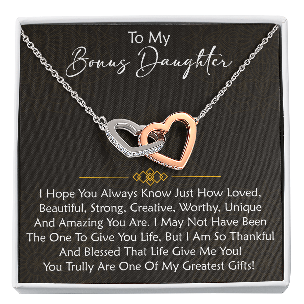 To My Bonus Daughter  Interlocking Hearts Necklace - Birthday Xmas Family Matching Gift from Bonus Mom Dad For Special Occasion.