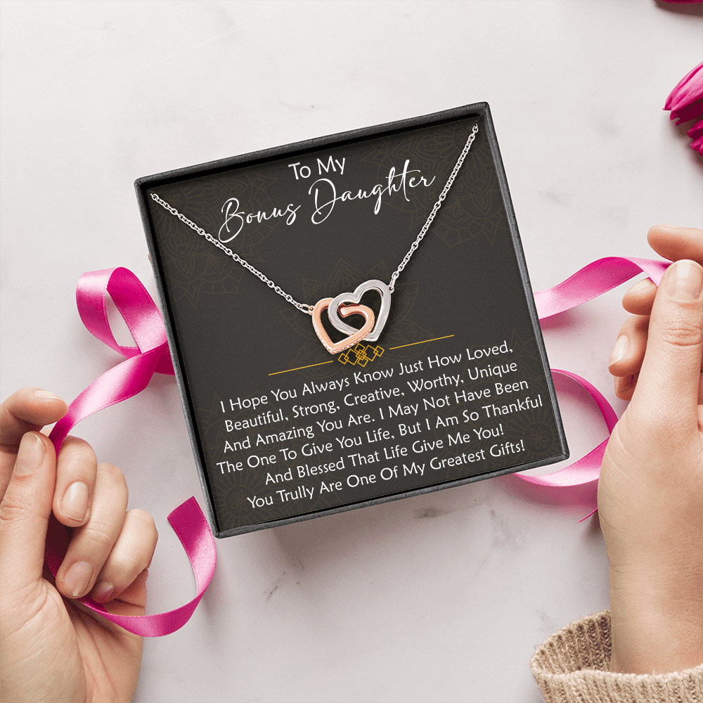 To My Bonus Daughter  Interlocking Hearts Necklace - Birthday Xmas Family Matching Gift from Bonus Mom Dad For Special Occasion.