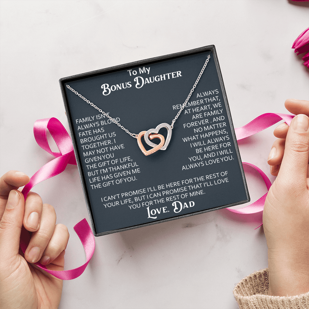 To My Bonus Daughter Interlocking Hearts Necklace Meaningful Gift from Dad, Stepdaughter Heart Family Love Jewelry
