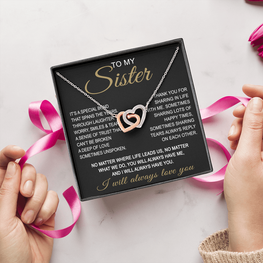 To My Sister Interlocking Hearts Necklace - Long Distant Sister Gift for Birthday, Wedding, Christmas, or any Special Occasion.