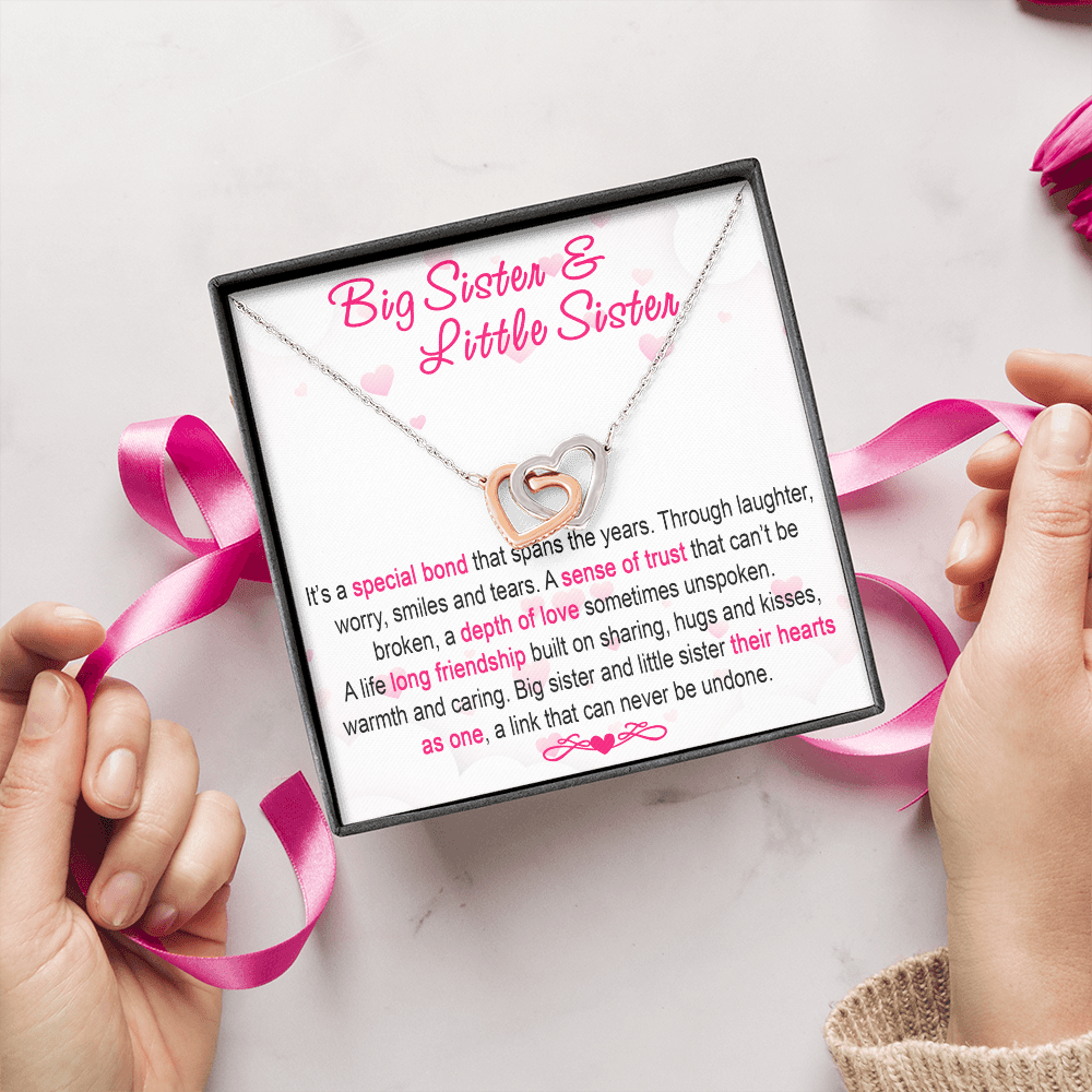 To My Sis Necklace – Interlock Heart Pendant with Message Card and Gift Box, Meaningful Jewelry Gift for Birthday, Christmas or Graduation