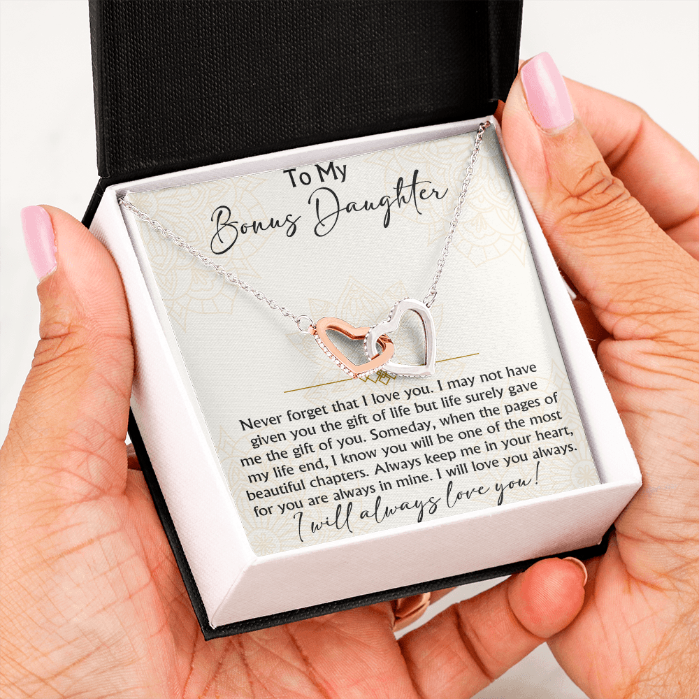 To My Bonus Daughter Interlocking Hearts necklace - Birthday Xmas Gift from Bonus Mom Dad