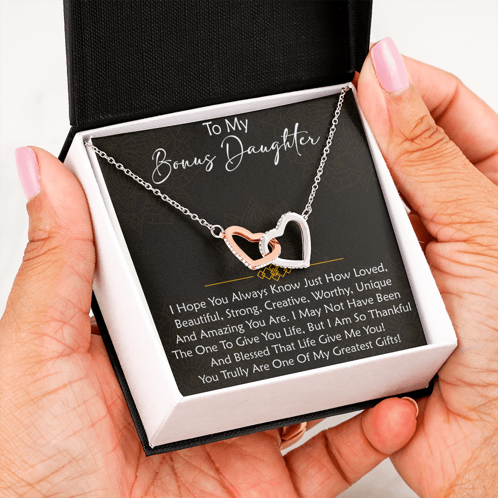 To My Bonus Daughter  Interlocking Hearts Necklace - Birthday Xmas Family Matching Gift from Bonus Mom Dad For Special Occasion.