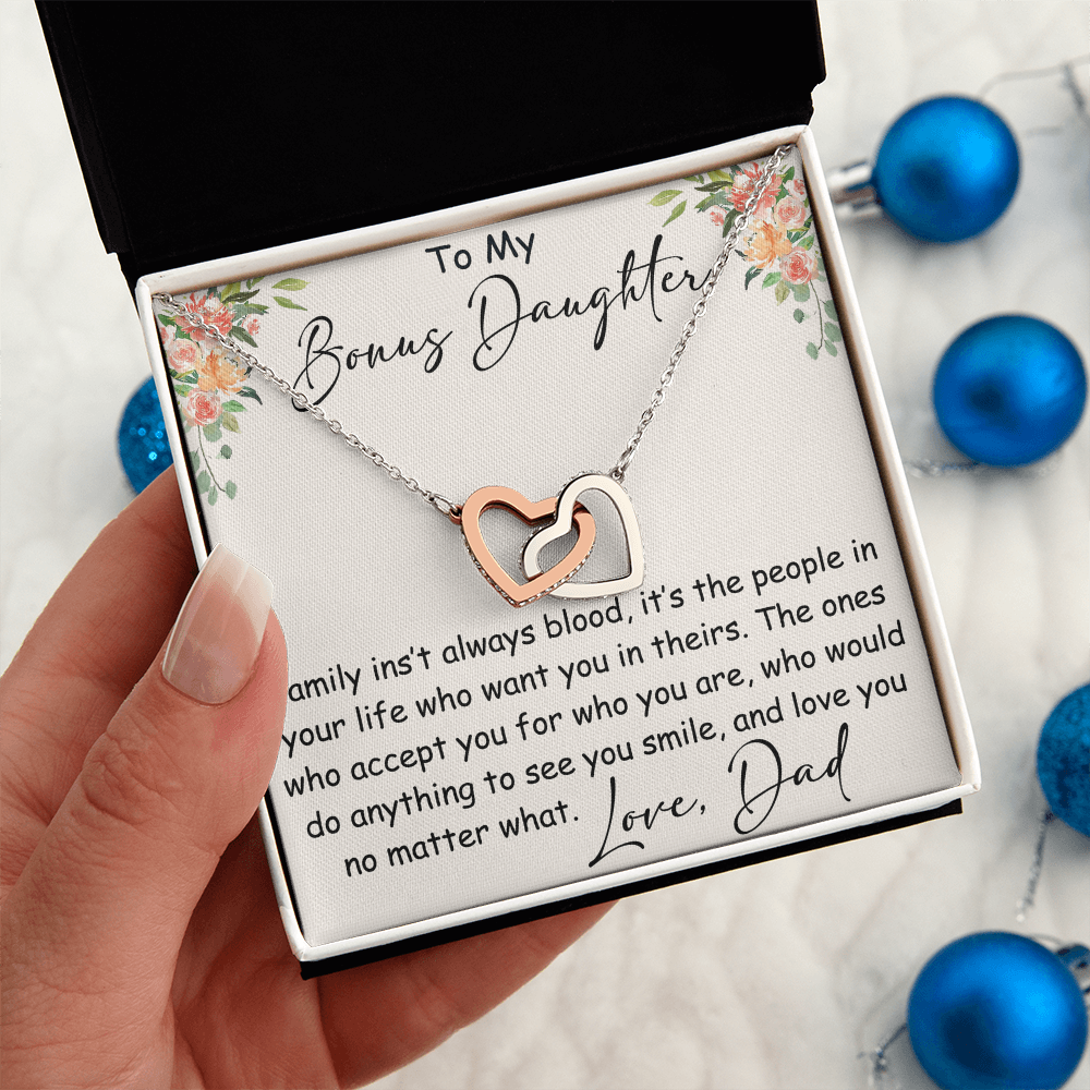 Interlocking Hearts Necklace – Meaningful Bonus Daughter Gift – Stepdad/Stepmom Family Bond Jewelry