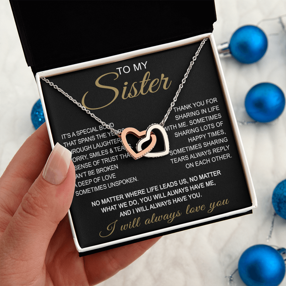To My Sister Interlocking Hearts Necklace - Long Distant Sister Gift for Birthday, Wedding, Christmas, or any Special Occasion.