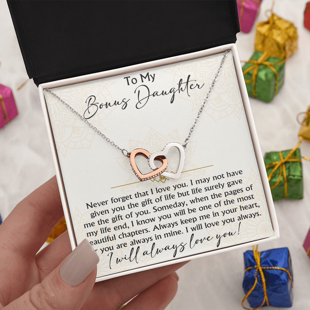 To My Bonus Daughter Interlocking Hearts necklace - Birthday Xmas Gift from Bonus Mom Dad